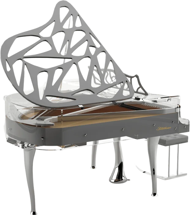 Lucid Pianos contemporary transparent grand piano with city skyline